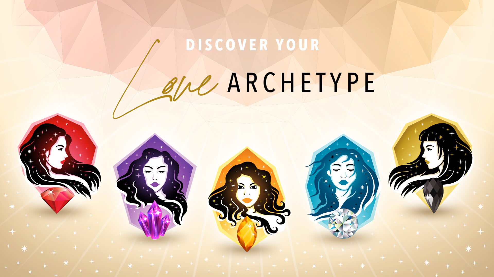 Love Coaching with Shay Your Love Diva solution 'Discover Your Love Archetype Quiz' banner showing illustrations of the heads of 5 women and their archetype jewel